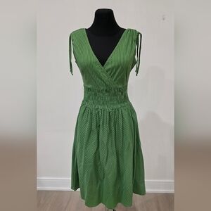 Vintage Betty JACKSON Green V-neck Midi Sundress With Smoked Waist , US6